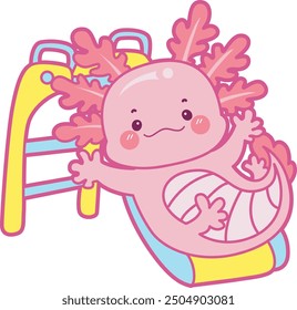 Illustration of cute axolotl activities icon.
Funny pink axolotl in daily routine stickers.
A pink axolotl sliding in the slide