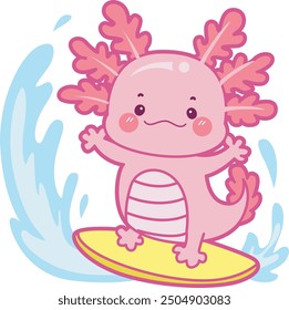 Illustration of cute axolotl activities icon.
Funny pink axolotl in daily routine stickers.
A pink axolotl playing a surfing in the wave