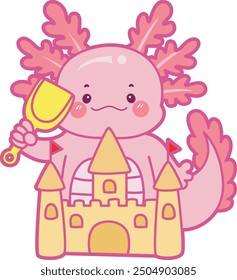 Ilustración de lindo icono de actividades axolotl.
Gracioso axolotl rosa en las pegatinas de rutina diaria.
Un axolotl rosa hace un castillo de arena