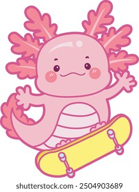 Ilustración de lindo icono de actividades axolotl.
Gracioso axolotl rosa en las pegatinas de rutina diaria.
Un axolotl rosa jugando al monopatín