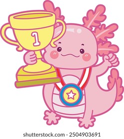 Illustration of cute axolotl activities icon.
Funny pink axolotl in daily routine stickers.
A pink axolotl bring a cup of champion