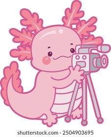 Illustration of cute axolotl activities icon.
Funny pink axolotl in daily routine stickers.
A pink axolotl making video