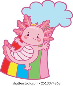 Ilustración de lindo icono de actividades axolotl.
Gracioso axolotl rosa en las pegatinas de rutina diaria.
Axolotl deslizándose en el arco iris