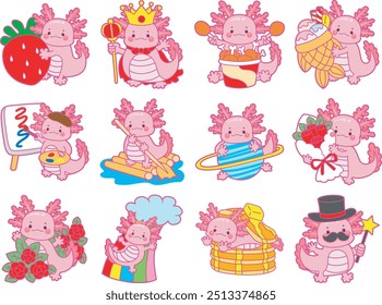 Illustration of cute axolotl activities icon.
Funny pink axolotl in daily routine stickers.
Cute axolotl in variation of daily routine activities element set
