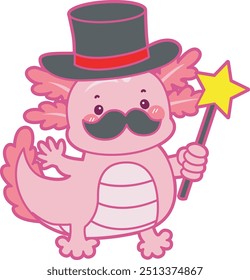 Illustration of cute axolotl activities icon.
Funny pink axolotl in daily routine stickers.
Axolotl in the magician costume