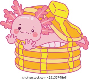 Illustration of cute axolotl activities icon.
Funny pink axolotl in daily routine stickers.
Axolotl in the stack of pancake