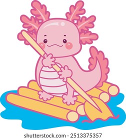 Illustration of cute axolotl activities icon.
Funny pink axolotl in daily routine stickers.
Axolotl riding a boat in the lake