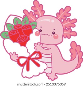 Illustration of cute axolotl activities icon.
Funny pink axolotl in daily routine stickers.
Axolotl bring a bouquet of rose flower