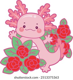 Illustration of cute axolotl activities icon.
Funny pink axolotl in daily routine stickers.
Axolotl in the middle of rose garden