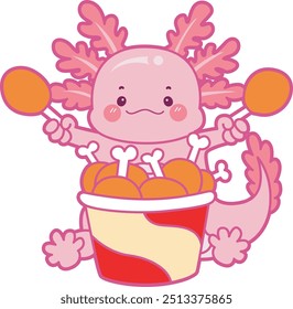 Illustration of cute axolotl activities icon.
Funny pink axolotl in daily routine stickers.
Axolotl bring a buck of fried chicken