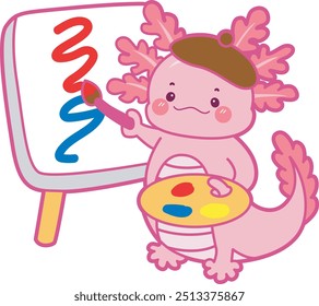 Illustration of cute axolotl activities icon.
Funny pink axolotl in daily routine stickers.
Axolotl painting a line