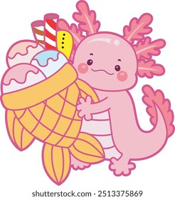 Illustration of cute axolotl activities icon.
Funny pink axolotl in daily routine stickers.
Axolotl bring an ice cream taiyaki 