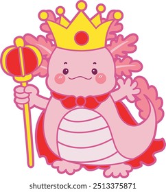 Illustration of cute axolotl activities icon.
Funny pink axolotl in daily routine stickers.
Axolotl in the prince costume wearing crown