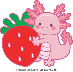 Illustration of cute axolotl activities icon.
Funny pink axolotl in daily routine stickers.
Axolotl hugging a big strawberry