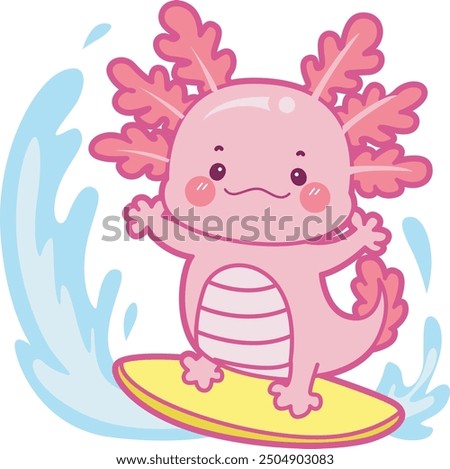 Illustration of cute axolotl activities icon.
Funny pink axolotl in daily routine stickers.
A pink axolotl playing a surfing in the wave Stock photo © 