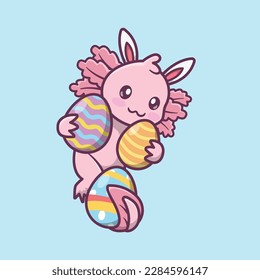 Illustration eines süßen Axolotls, der Ostertag im Cartoon-Stil feiert und einige Eier in den Händen trägt