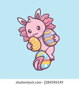 illustration of a cute axolotl celebrating easter day in cartoon style, and carrying some eggs in his hands