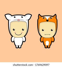 Illustration of cute babies wearing mouse and fox animal costumes.