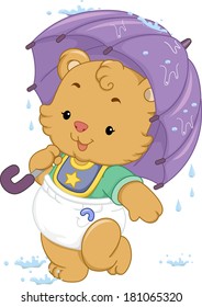 Illustration of a Cute Baby Bear Using an Umbrella to Shelter Itself from the Rain