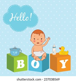 Illustration of cute  baby boy with children bricks. Vector