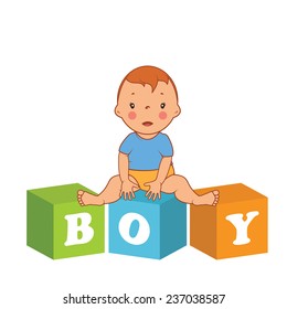 Illustration of cute  baby boy with children bricks. Vector