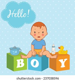 Illustration of cute  baby boy with children bricks. Vector