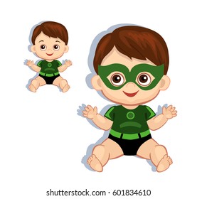Illustration cute baby boy in the costume of a superhero. Vector illustration isolated on white background.