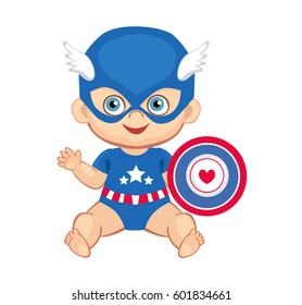 Illustration cute baby boy in the costume of a superhero. Vector illustration isolated on white background.