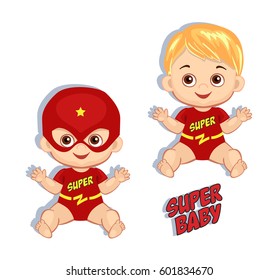 Illustration cute baby boy in the costume of a superhero. Vector illustration isolated on white background.