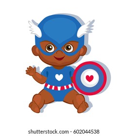 Illustration cute baby boy in the costume of a superhero. Vector illustration isolated on white background.