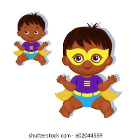 Illustration cute baby boy in the costume of a superhero. Vector illustration isolated on white background.