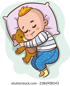 Illustration of a Cute Baby Boy Hugging His Teddy Bear sleeping