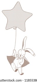 Illustration of cute baby bunny with big ballon, line art, coloring, fairy tale.