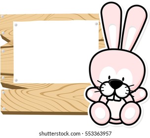 illustration of cute baby bunny on wooden board with blank sign isolated on white background