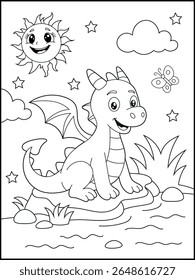 Illustration of a cute baby dragon cartoon character. Black and white Printable dragon coloring page for kids.	
