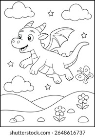 Illustration of a cute baby dragon cartoon character. Black and white Printable dragon coloring page for kids.	
