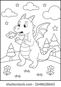 Illustration of a cute baby dragon cartoon character. Black and white Printable dragon coloring page for kids.