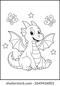 Illustration of a cute baby dragon cartoon character. Black and white Printable dragon coloring page for kids.