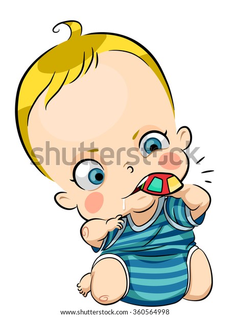 かむおもちゃをかじりながら かわいい赤ちゃんが転げ落ちるイラスト のベクター画像素材 ロイヤリティフリー