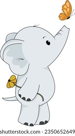 illustration of a cute baby elephant playing with butterflies and orange flowers