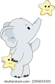 illustration of a cute baby elephant reaching for a cute star