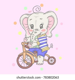 Illustration with cute baby elephant riding a bicycle hand drawn cartoon. Can be used for baby t-shirt print, fashion print design, kids wear, baby shower celebration greeting and invitation card.
