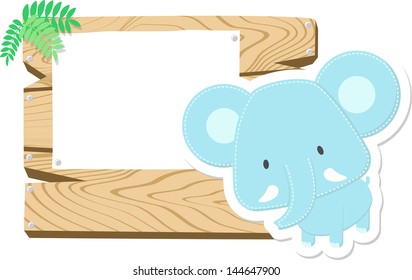 illustration of cute baby elephant with wooden blank board isolated on white background