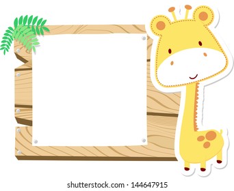 illustration of cute baby giraffe with wooden blank board isolated on white background