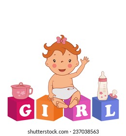 Illustration of cute  baby girl with children bricks. Vector
