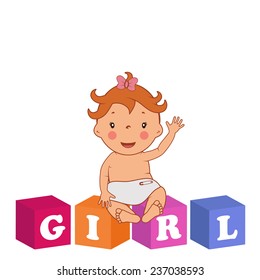 Illustration of cute  baby girl with children bricks. Vector