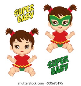 Illustration cute baby girl in the costume of a superhero. Vector illustration isolated on white background.