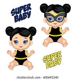 Illustration cute baby girl in the costume of a superhero. Vector illustration isolated on white background.