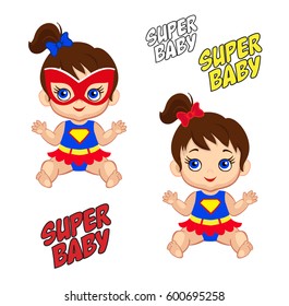 Illustration cute baby girl in the costume of a superhero. Vector illustration isolated on white background.