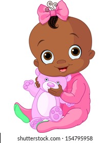 Illustration of Cute baby girl with Teddy Bear